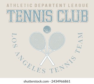 Schlägerturnier. In: Tennis College League. Vintage-Kunstwerke für Sportbekleidung. Sport-Logo. College-Schrift . Tennisclub Vektor T-Shirt Design. In: New York Tennis League Graphic Print Design.