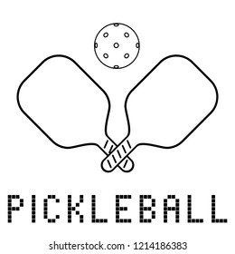 rackets or paddles and ball for pickleball game in black color. flat line silhouette icon, logo or label clipart. stock vector illustration