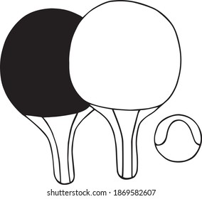 Rackets and a ping-pong ball hand-drawn in the Doodle style. Vector set for playing table tennis. Simple graphics