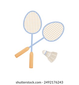 Rackets and a shuttlecock for badminton. Two tennis rackets for outdoor games. Sports equipment for badminton. Vector illustration