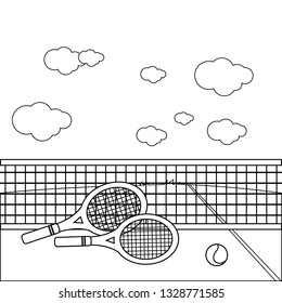 Rackets and tennis ball at tennis court. Vector black and white coloring page.