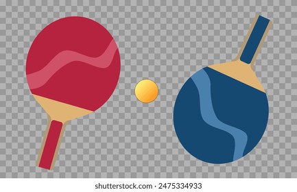 Raquetas tenis para ping pong y pelota. Dos raquetas, roja y azul. Bola amarilla. Ilustración vectorial EPS10.