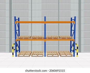 Rackpallet im Lagerinnern, mit Stoßstange, Lagereinrichtung, Lagerservice. Vektorgrafik.