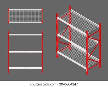 Racking Pallets. with steel grating, for Pallet plastic and boxes and containers, in industry, Logistic process. warehouse, Industrial view. Vector illustration