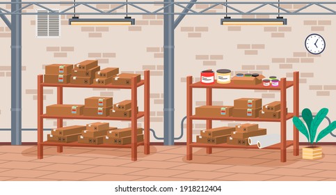 Racks with boxes and color containers cans with dyes in printing house room vector illustration. Cardboard containers stand on shelves in modern typography or print office near brick wall