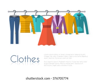 Racks with clothes on hangers. Flat style vector illustration.