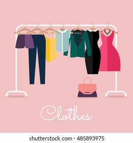 Racks with clothes on hangers. Flat design style modern vector illustration concept.