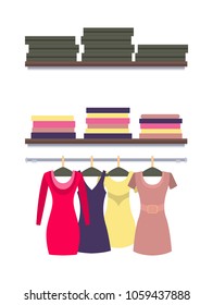 Racks with clothes packed in boxes, vector of dresses isolated on white, modern garment for females. Women's clothing store shop window, clothes gowns