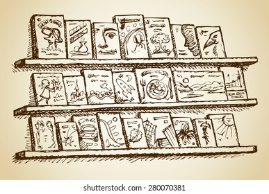 Racks with rows of variety books of tale, story, fiction, dictionary exhibited for sale with space for text. Vector freehand ink drawn background sketchy in ancient art scribble style pen on paper