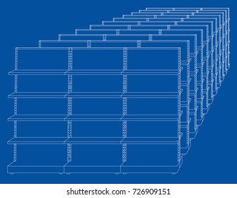 Racks with shelves sketch. Vector rendering of 3d. Wire-frame style. The layers of visible and invisible lines are separated