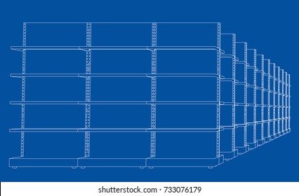 Racks with shelves sketch. Vector rendering of 3d. Wire-frame style. The layers of visible and invisible lines are separated
