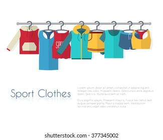 Racks with sport clothes on hangers. Flat style vector illustration.