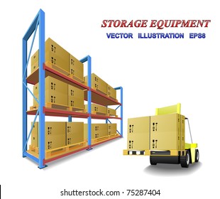 Racks, trays, boxes and forklifts in the warehouse are shown in the picture.