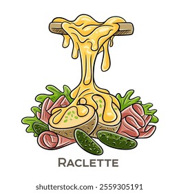 Raclette is a traditional Swiss dish featuring melted cheese scraped onto potatoes and other accompaniments.