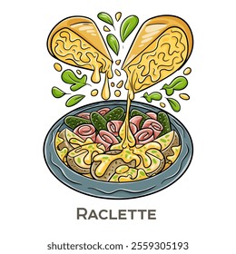 Raclette is a traditional Swiss dish featuring melted cheese scraped onto potatoes and other accompaniments.