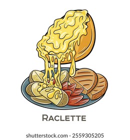 Raclette is a traditional Swiss dish featuring melted cheese scraped onto potatoes and other accompaniments.