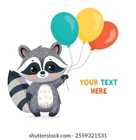 Racoon with baloons cute cartoon illustration Vector design with place for text 