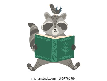 Racoon with bird reading book. Storytelling, education, teaching. Children illustration.