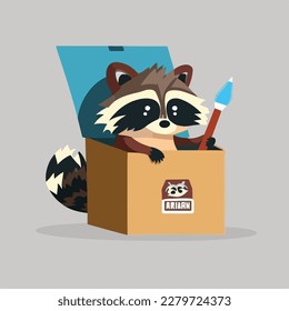 A Racoon in a box with a paintbrush flat logo style