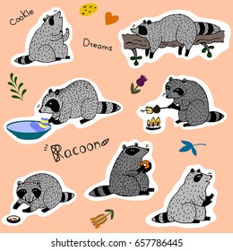 Racoon characters in different emotions designed in sticker set style.