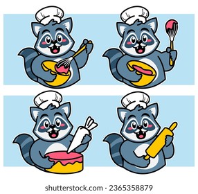 Racoon Chef Cartoon making a cake