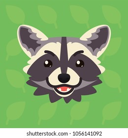 Racoon emotional head. Vector illustration of cute coon shows evil emotion. Tricky emoji. Smiley icon. Print, chat, communication. Grey raccoon in flat cartoon style on green background. Shifty.