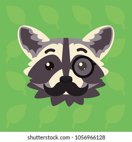 Racoon emotional head. Vector illustration of cute coon with monocle and moustache shows intelligent emotion. Mister emoji. Smiley icon. Grey raccoon in flat cartoon style on green background.