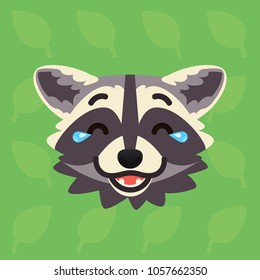 Racoon emotional head. Vector illustration of cute coon shows laugh out loud emotion. Laughter with tears emoji. Smiley icon. Print, chat. Grey raccoon in flat cartoon style on green background. 