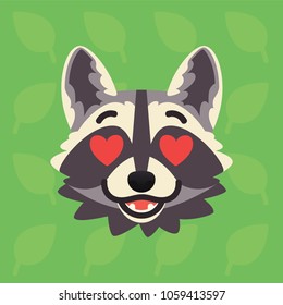 Racoon emotional head. Vector illustration of cute coon with hearts in eyes shows amorous emotion. In love emoji. Smiley icon. Print, chat. Grey raccoon in flat cartoon style on green background.