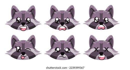 Racoon facial expression face with eyes and mouth collection white of vector cartoon isolated illustration
