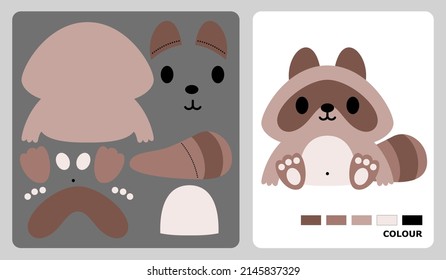 racoon felt pattern for kids crafts or paper crafts. Vector illustration of animal. cut and glue patterns for children's crafts.