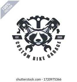 Racoon head auto repair and custom Garage Vintage style logo. Design element for company logo, label, emblem, sign, apparel or other merchandise. Scalable and editable Vector illustration.