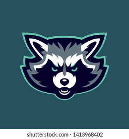 Racoon head character. Racoon sports mascot. Aggressive raccoon.