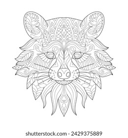 Racoon head line art portrait for children or adult coloring book. Vector graphic, coloring page. Hand-drawn with ethnic floral doodle pattern. Zendala, spiritual relaxation. Zen doodles