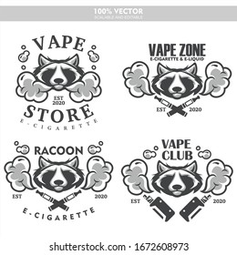 Racoon head vapor e-cigarette vape vaporizer cigarette vape vaporizer electrical electronic smoke vaping label set Vintage style logo. Scalable and editable Vector illustration.