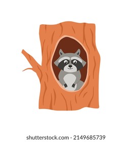 Racoon Mascot Sitting In Hollow Tree, Flat Cartoon Vector Illustration Isolated On White Background. Forest Wild Racoon Cute Animal In Tree Trunk Hole.