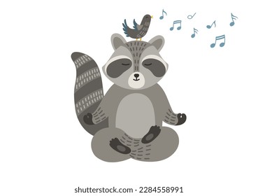 Racoon meditating in yoga pose with bird singing on the heard. Children illustration.