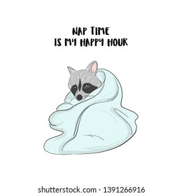 Racoon nap illustration. cute animal doodle sketch. Hand-drawn pet in bed, relaxing on weekend.