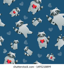 Racoon with red heart pattern. Cartoon illustration of racoon with red heart vector pattern for web design