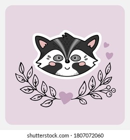 Racoon, skunk. Cute funny hand drawn animal with hearts, leaves and branches. Cartoon doodle sketch style. Vector illustration for card, poster, baby cloth, sticker, interior elements for nursery.