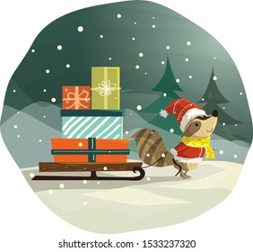 Racoon and Sledge Winter Magic - Animals Seasonal Set