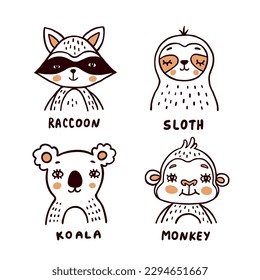 Racoon, sloth, koala and monkey funny vector illustrations collection on white background. Wild animals with names for children learning