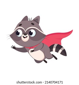 Racoon in superhero cape flying cartoon vector illustration. Happy and excited superhero character in costume rushing to rescue. Wildlife animal, protection, power concept