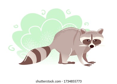 Racoon trendy flat card on white background. Raccoon in green bushes nature vector illustration. Cute children print. American animal colorful banner, postcard. Cartoon Zoo art isolated.