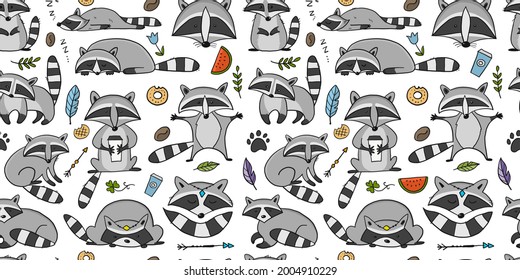 Racoons Family. Funny Characters. Seamless pattern for your design