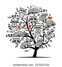 Racoons Family tree. Funny Characters. Art for your design