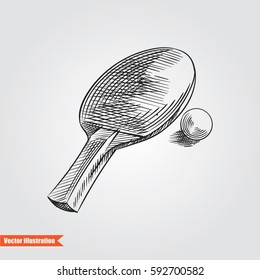 Racquet and balll for ping pong hand drawn sketch  isolated on white background. Sport items elements in sketch style, vector illustration