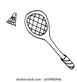 Racquet and shuttlecock for badminton. Vector drawing in Doodle style. Isolated on a white background. Theme of summer design and decor.