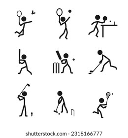 Juego de vectores de pictograma de icono de deportes de racquet. Figura de palo hombres deportistas jugadores vectoriales símbolo pictograma. Badminton, tenis, béisbol, golf, hockey, croquet, lacrosía, ping-pong, íconos de cricket