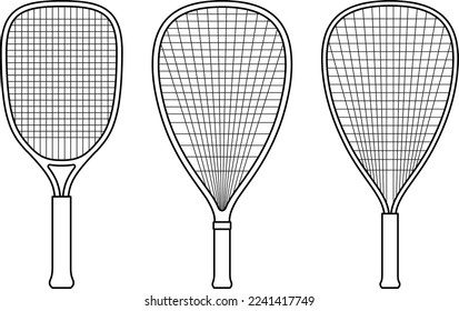 Racquetball racquets icon set. Sport equipment. Vector thin line